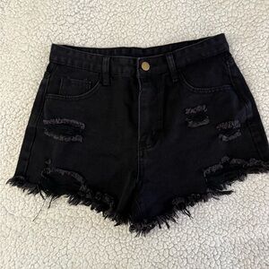 Black High-Rise Distressed Denim Shorts